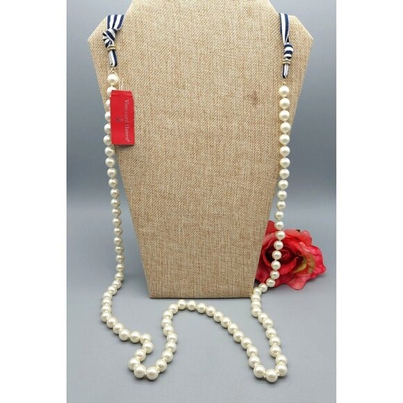 Vineyard Haven NWT Long Strand Knotted Faux Pearl Necklace Nautical Ribbon Tie - Picture 5 of 11